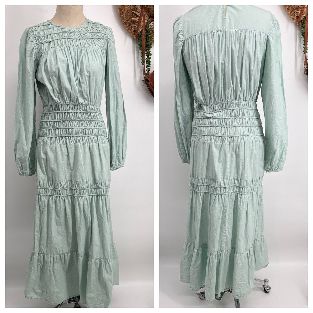 ASOS DESIGN Smocked Waist Tiered Cotton Maxi Boho Peasant Dress Sage Green US 4 - Picture 2 of 10